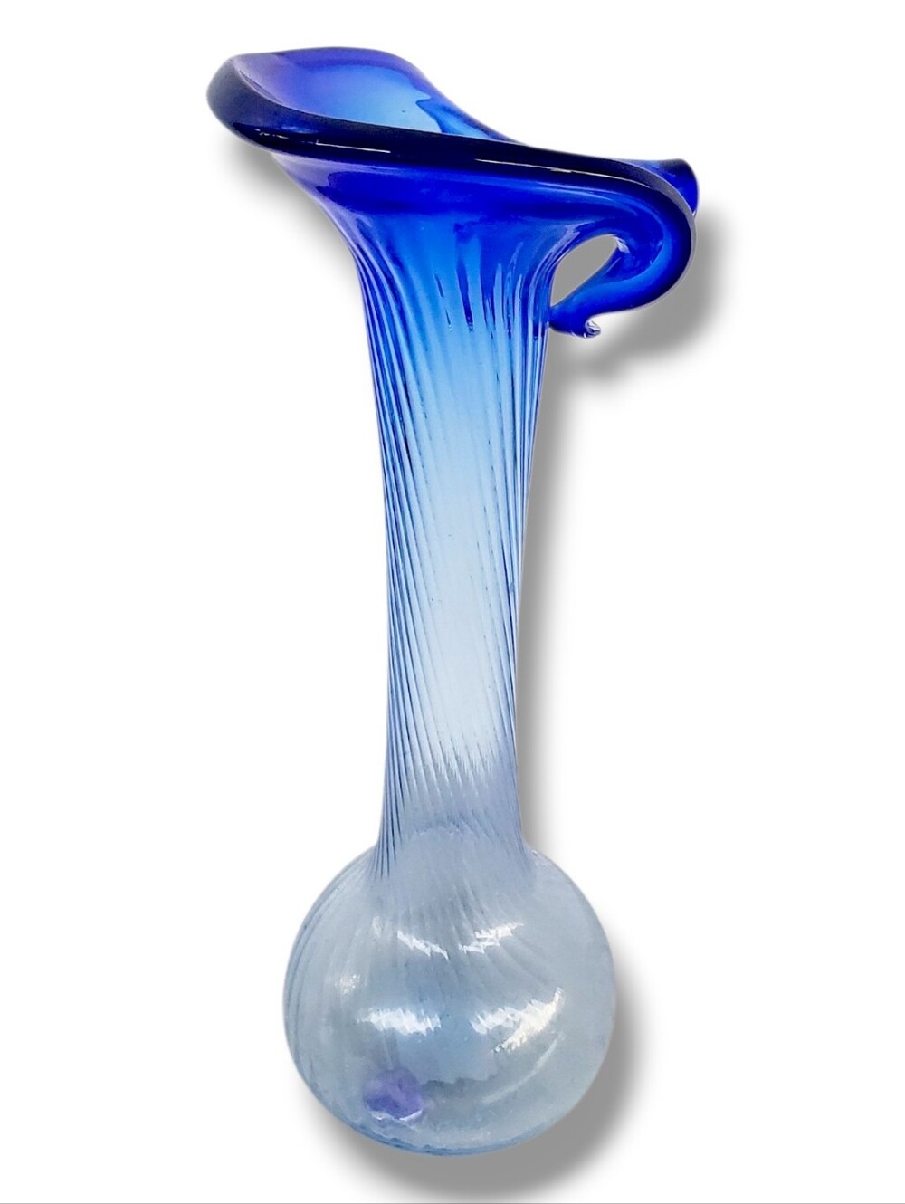 Vintage Blue Clear Art Glass Vase Fluted Stretch Glass Iridescent Vase Tall